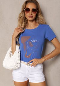 Renee - Granatowy Bawełniany T-shirt z Ozdobnym Nadrukiem Biola. Kolor: niebieski. Materiał: bawełna. Wzór: nadruk. Styl: klasyczny #3