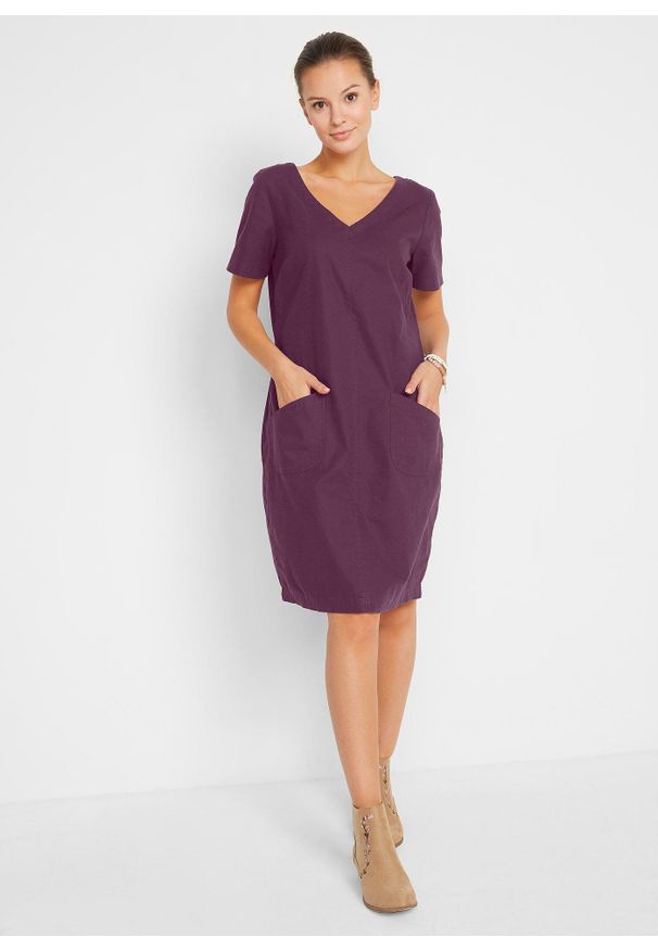 bonprix - Sukienka mini z lnem. Typ kołnierza: dekolt w serek. Kolor: fioletowy. Materiał: tkanina, len. Długość rękawa: krótki rękaw. Długość: mini