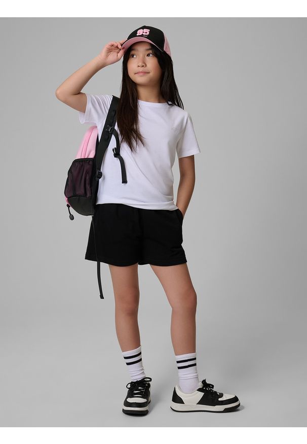 4f - 4F Spodenki dresowe dziewczęce - czarne 134 (8-9 lat). Kolor: czarny. Materiał: dresówka. Sezon: lato. Sport: turystyka piesza