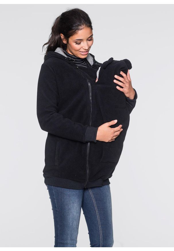 bonprix - Bluza 2 w 1 z polaru, ciążowa, z wstawką na nosidełko niemowlęce. Kolekcja: moda ciążowa. Kolor: czarny. Materiał: polar. Sezon: jesień. Styl: młodzieżowy