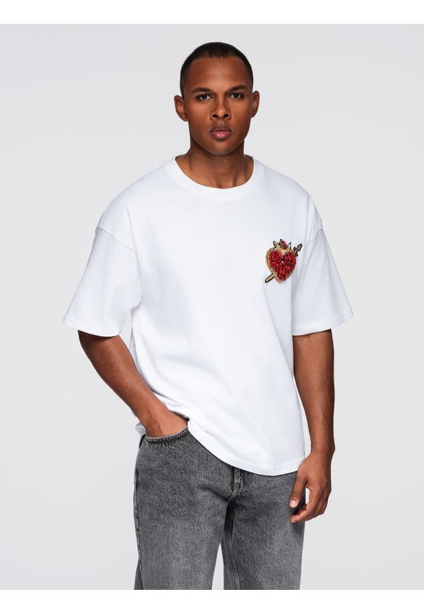 Ombre Clothing - Męska bawełniana koszulka z biżuteryjną aplikacją na klatce piersiowej - biała V2 - Rozmiar: L. Kolor: biały. Materiał: bawełna. Wzór: aplikacja