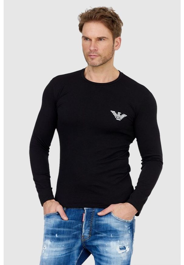 Emporio Armani - EMPORIO ARMANI Czarny longsleeve męski z logo. Kolor: czarny. Materiał: prążkowany. Długość rękawa: długi rękaw. Wzór: nadruk