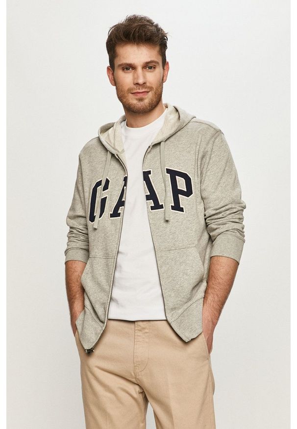 GAP - Bluza. Okazja: na co dzień. Typ kołnierza: kaptur. Kolor: szary. Materiał: dzianina. Wzór: aplikacja. Styl: casual