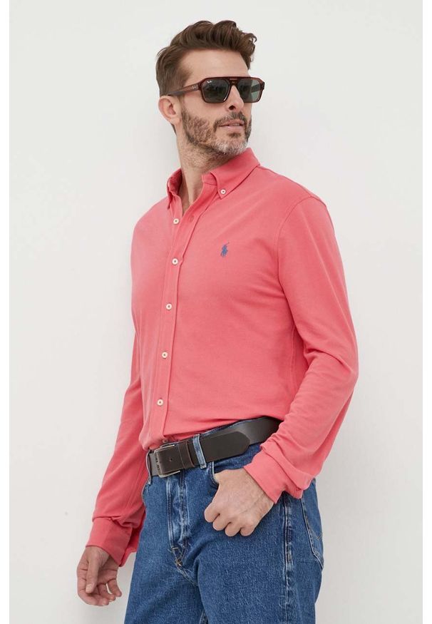Polo Ralph Lauren koszula bawełniana męska kolor czerwony regular z kołnierzykiem button-down. Typ kołnierza: button down, polo. Kolor: czerwony. Materiał: bawełna. Długość rękawa: długi rękaw. Długość: długie. Wzór: gładki