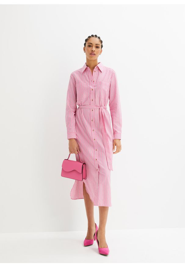 bonprix - Sukienka koszulowa w paski, z wiązanym paskiem. Kolor: różowy. Materiał: materiał, bawełna. Wzór: paski. Typ sukienki: koszulowe