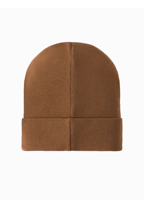 Ombre Clothing - Czapka dzianinowa męska beanie z haftowanym napisem – brązowa V4 OM-ACWH-0120 - uniwersalny. Kolor: brązowy. Materiał: dzianina. Wzór: napisy, haft. Styl: elegancki, casual