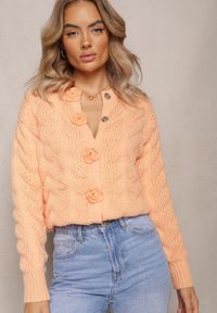 Renee - Pomarańczowy Kardigan z Miękkiej Dzianiny w Kwiaty Nufreda. Kolor: pomarańczowy. Materiał: dzianina. Wzór: kwiaty #5