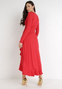 Born2be - Czerwona Sukienka Verial. Kolor: czerwony. Materiał: dzianina, wiskoza. Długość rękawa: długi rękaw. Typ sukienki: kopertowe. Styl: elegancki. Długość: midi #3