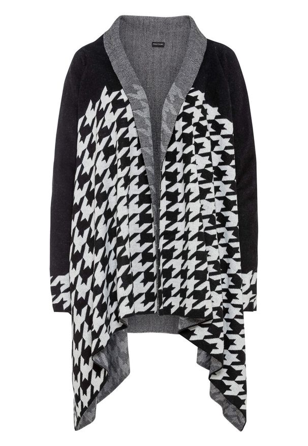 Sweter bez zapięcia z dłuższymi brzegami bonprix czarno-biel wełny w kratę. Kolor: czarny. Materiał: wełna, materiał, akryl. Długość: długie