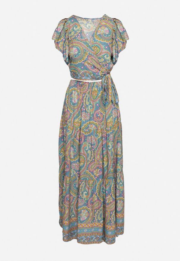 Born2be - Niebieski Komplet 2-Częściowy we Wzór Paisley z Wiskozy Spódnica Maxi i Kopertowa Góra Wabila. Kolor: niebieski. Materiał: wiskoza. Wzór: paisley