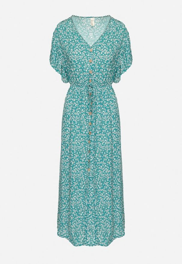 Born2be - Zielona Bawełniana Sukienka z Gumką w Talii w Drobne Kwiatki Nulinea. Okazja: na co dzień. Typ kołnierza: dekolt w serek. Kolor: zielony. Materiał: bawełna. Wzór: kwiaty. Typ sukienki: rozkloszowane. Styl: casual, elegancki, klasyczny