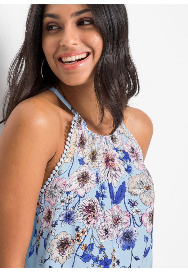 bonprix - Top bez rękawów z lejącej wiskozy. Typ kołnierza: dekolt halter. Kolor: niebieski. Materiał: wiskoza. Długość rękawa: bez rękawów. Sezon: lato