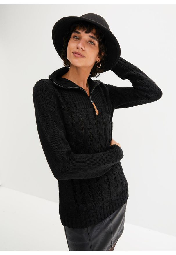 bonprix - Sweter ze stójką we wzór w warkocze. Typ kołnierza: kołnierzyk stójkowy. Kolor: czarny. Materiał: skóra