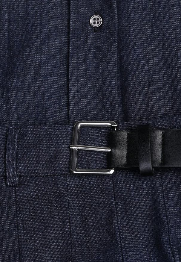 Renee - Granatowy Komplet z Bawełniano-Wiskozowej Imitacji Jeansu z Koszulą i Spódnicą z Paskiem Andaig. Kolor: niebieski. Materiał: jeans, wiskoza, bawełna