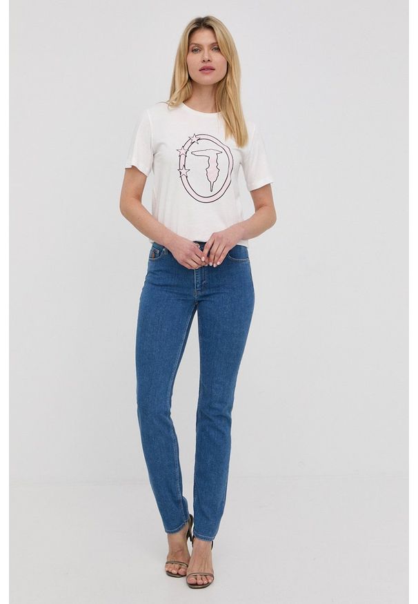 Trussardi Jeans - Trussardi jeansy 105 damskie medium waist. Kolor: niebieski