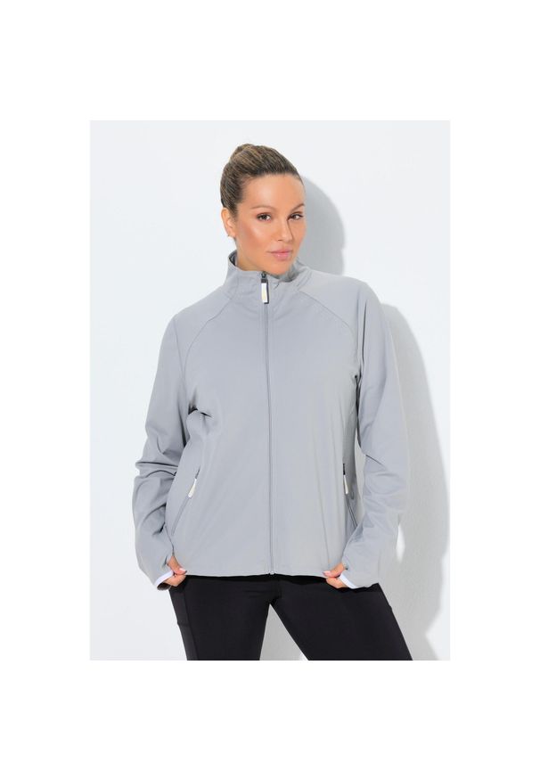 ULLA POPKEN - Damskie Bluza rozpinana laserowe akcenty stójka otwory na kciuki. Typ kołnierza: kołnierzyk stójkowy. Kolekcja: plus size. Kolor: szary, wielokolorowy, fioletowy. Materiał: elastan, materiał, poliester. Sport: joga i pilates