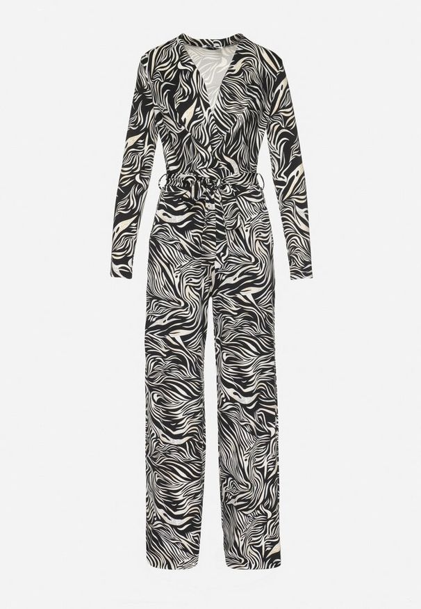 Born2be - Biało-Czarny Kombinezon z Wiązanym Paskiem i Printem w Tygrysie Paseczki Saithia. Kolor: biały. Długość rękawa: długi rękaw. Długość: długie. Wzór: nadruk. Styl: elegancki, wizytowy