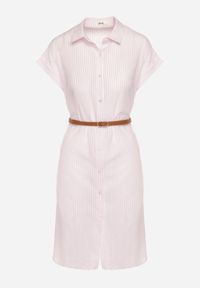 Born2be - Różowa Bawełniana Sukienka Koszulowa z Krótkim Rękawem i Paskiem w Talii Nulefia. Kolor: różowy. Materiał: bawełna. Długość rękawa: krótki rękaw. Typ sukienki: koszulowe. Styl: klasyczny, elegancki #4