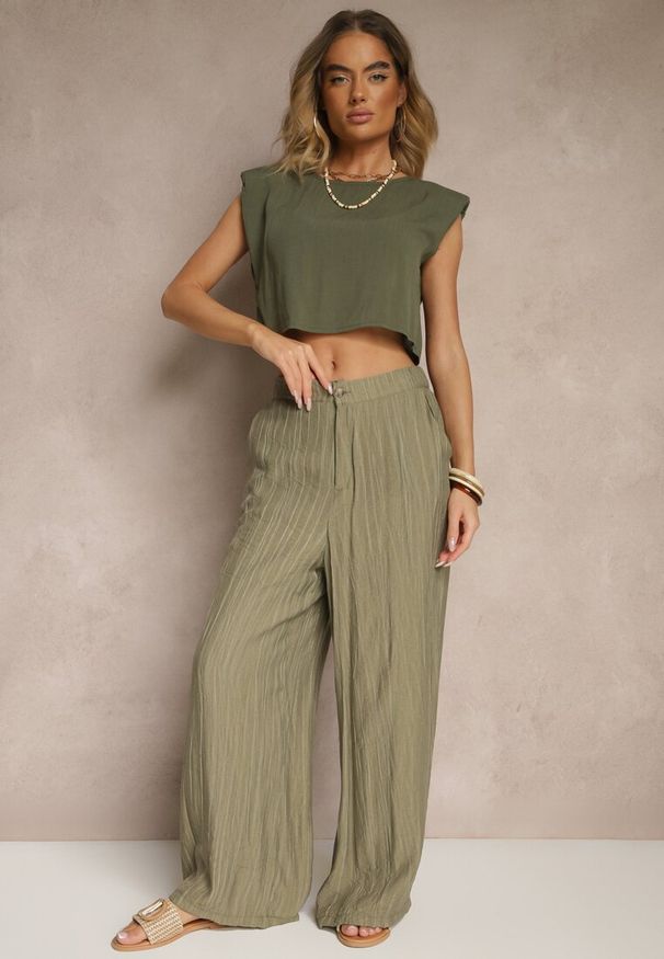Renee - Ciemnozielone Spodnie o Szerokim Kroju High Waist Natoreia. Okazja: na co dzień. Stan: podwyższony. Kolor: zielony. Styl: boho, klasyczny, elegancki, casual