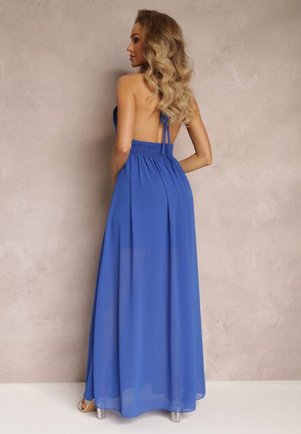 Renee - Granatowa Sukienka Maxi Wiązana na Szyi z Gumką w Talii i Rozkloszowanym Dołem Amyli. Kolor: niebieski. Styl: wizytowy. Długość: maxi