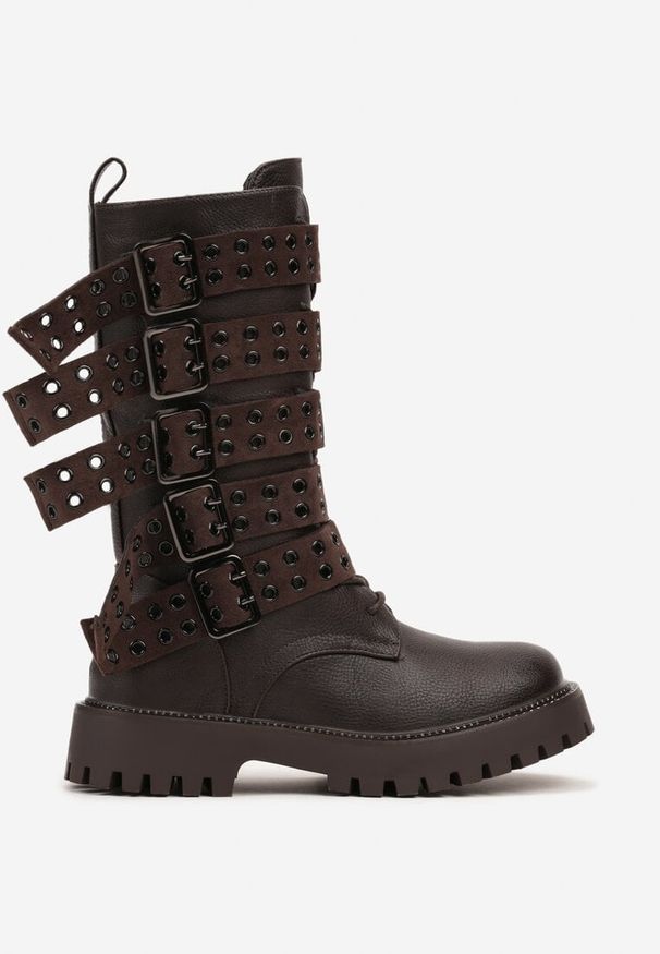 Born2be - Brązowe Botki Workery w Stylu Biker z Licznymi Paskami z Klamrami Nirilora. Okazja: na co dzień. Zapięcie: klamry. Kolor: brązowy. Materiał: jeans. Szerokość cholewki: normalna. Styl: casual, rockowy