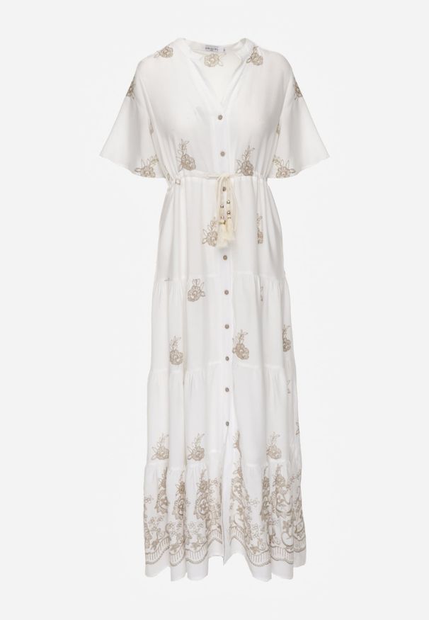 Renee - Biała Rozkloszowana Sukienka Boho z Wiskozy Zdobiona Haftem i Wiązaniem Falvania. Okazja: na co dzień, na randkę. Typ kołnierza: dekolt w kształcie V. Kolor: biały. Materiał: wiskoza. Wzór: haft, aplikacja. Styl: boho