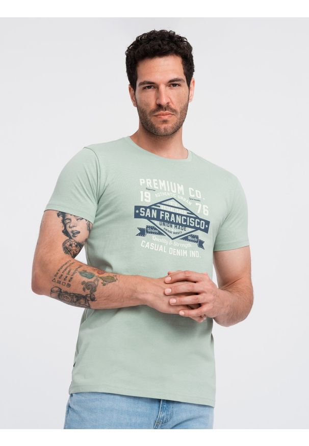 Ombre Clothing - Bawełniany męski t-shirt z nadrukiem San Francisco – miętowy V2 - Rozmiar: M. Kolor: miętowy. Materiał: bawełna. Wzór: nadruk. Styl: elegancki, street, klasyczny