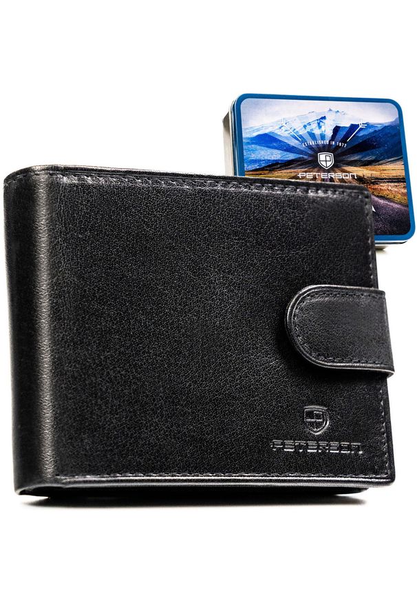 Poziomy portfel męski ze skóry naturalnej w czarnym kolorze wyposażony w system RFID - Peterson. Kolor: czarny. Materiał: skóra