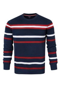 Sweter z Dzianiny Bawełnianej - w Paski - Pako Jeans - Granatowy. Kolor: niebieski. Materiał: bawełna. Wzór: paski. Styl: elegancki, klasyczny