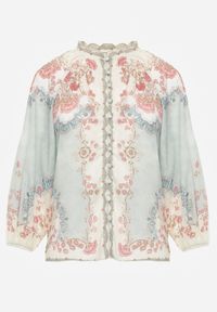 Renee - Zielona Koszula ze Stójką w Kwiatowy Print Dorirecea. Okazja: na co dzień. Typ kołnierza: kołnierzyk stójkowy. Kolor: zielony. Materiał: jeans. Wzór: kwiaty, nadruk. Styl: casual, retro, elegancki #4