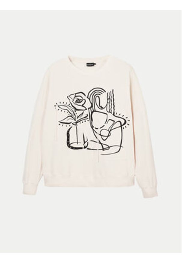 Desigual Bluza Patch 24WWSK06 Écru Oversize. Kolor: kremowy. Materiał: bawełna