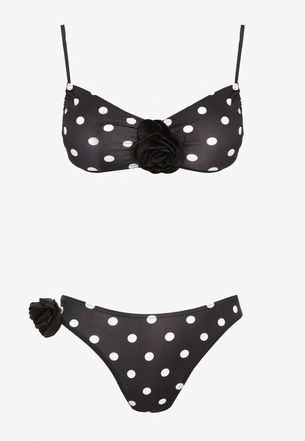 Renee - Czarne Bikini w Grochy z Kwiatowymi Aplikacjami Biustonosz i Figi Loritia. Kolor: czarny. Materiał: jeans. Wzór: grochy, aplikacja, kwiaty