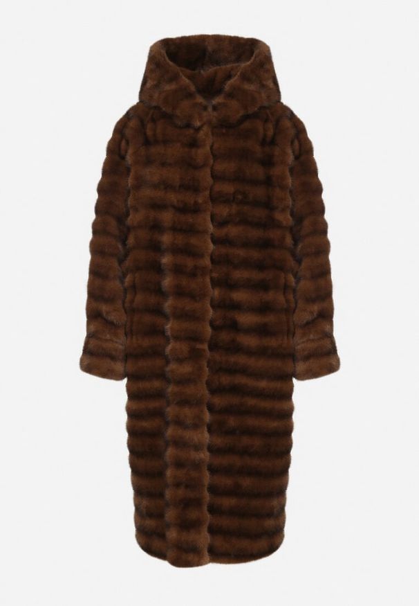 Born2be - Brązowy Futrzany Płaszcz w Pikowany Wzór z Kapturem Esarra. Okazja: do pracy, na co dzień, na spotkanie biznesowe, na spacer. Typ kołnierza: kaptur. Kolor: brązowy. Materiał: futro. Długość: długie. Styl: elegancki, biznesowy, casual