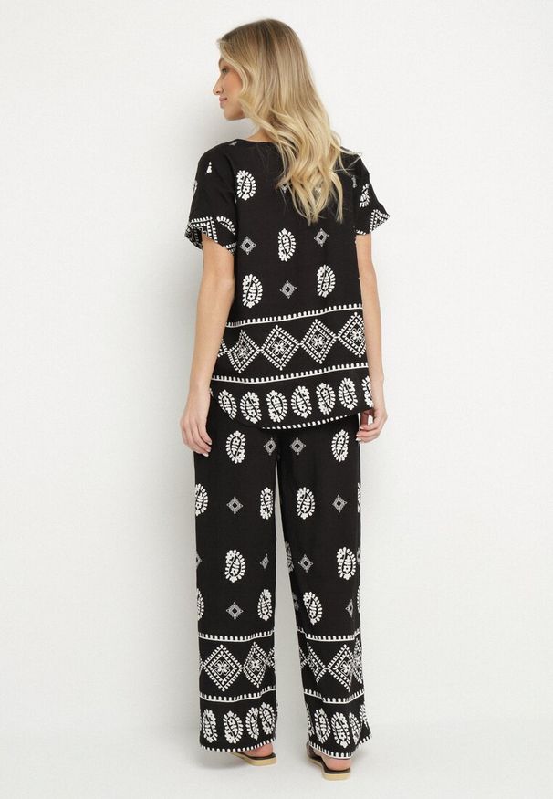 Born2be - Czarny Bawełniany Komplet Koszula i Szerokie Spodnie w Stylu Boho Ollirive. Kolor: czarny. Materiał: bawełna. Wzór: aplikacja
