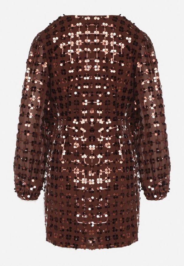 Born2be - Brązowa Kopertowa Sukienka z Wiązaniem Zdobiona Cekinami Wedelessa. Okazja: na sylwestra. Typ kołnierza: dekolt w serek. Kolor: brązowy. Materiał: futro, poliester. Wzór: aplikacja. Typ sukienki: kopertowe. Styl: klasyczny