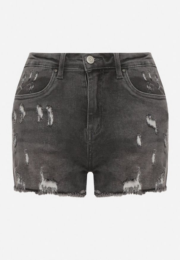 Born2be - Ciemnoszare Szorty Jeansowe z Wysokim Stanem i Przetarciami Vimarinae. Okazja: na co dzień. Stan: podwyższony. Kolor: szary. Materiał: jeans. Styl: klasyczny, casual