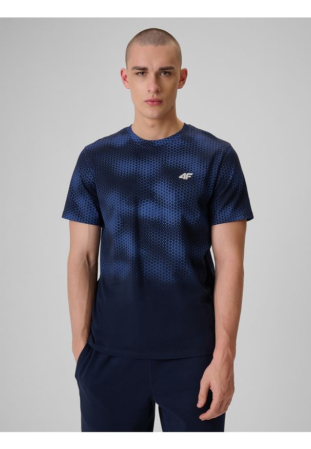 4f - 4F T-shirt regular z nadrukiem męski - granatowy S. Okazja: na co dzień. Kolor: niebieski. Materiał: jeans, bawełna, dresówka, dzianina. Wzór: nadruk. Styl: klasyczny, casual