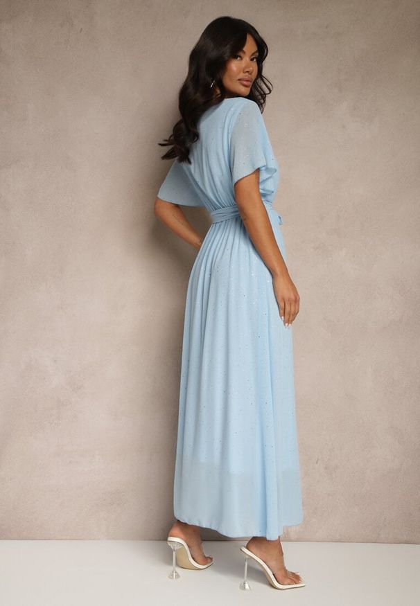 Renee - Niebieska Koktajlowa Brokatowa Sukienka z Paskiem Addlea. Okazja: na co dzień, na imprezę. Kolor: niebieski. Styl: wizytowy