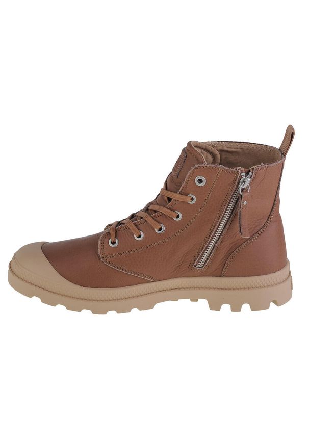 Buty sportowe Sneakersy męskie, Palladium Pampa Zip Lth Ess. Wysokość cholewki: za kostkę. Zapięcie: sznurówki. Kolor: beżowy, brązowy. Materiał: tkanina, materiał, skóra, syntetyk. Szerokość cholewki: normalna. Sport: turystyka piesza