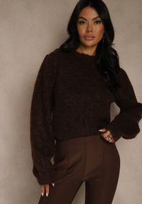 Renee - Brązowy Kardigan z Wełną Zdobiony Bufiastymi Rękawami i Wiązaniem na Plecach Tusfina. Okazja: na co dzień. Kolor: brązowy. Materiał: wełna. Wzór: aplikacja. Styl: casual #5