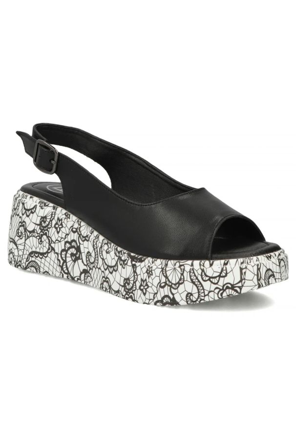 Skórzane sandały damskie na koturnie czarne Filippo DS7580. Kolor: czarny. Materiał: skóra. Sezon: lato. Obcas: na koturnie