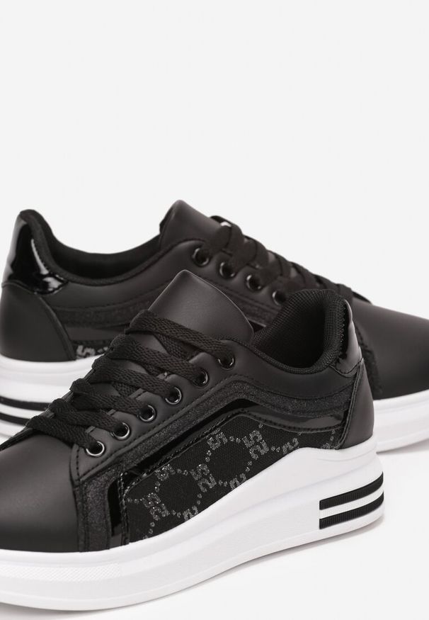 Renee - Czarno-Białe Sneakersy na Platformie z Brokatowymi Wstawkami Elsalor. Kolor: czarny. Obcas: na platformie