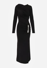 Born2be - Czarna Wieczorowa Sukienka Zdobiona Marszczeniem i Cyrkoniową Aplikacją Thelxienara. Okazja: na wesele, na ślub cywilny, na imprezę. Kolor: czarny. Materiał: materiał. Wzór: aplikacja. Styl: wizytowy #5