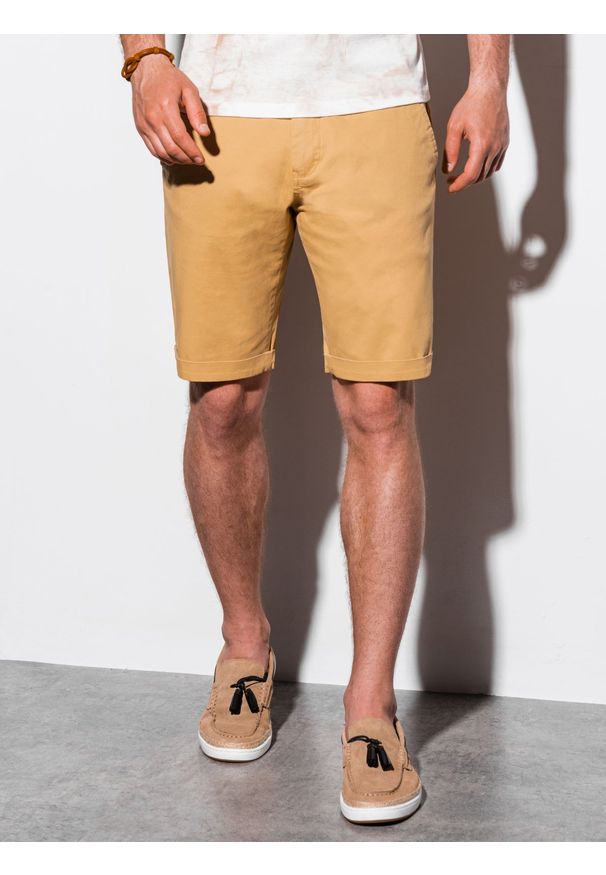 Ombre Clothing - Krótkie spodenki męskie casual W243 - ciemnobeżowe - XXL. Okazja: na co dzień. Kolor: beżowy. Materiał: elastan, bawełna. Długość: krótkie. Sezon: lato. Styl: casual