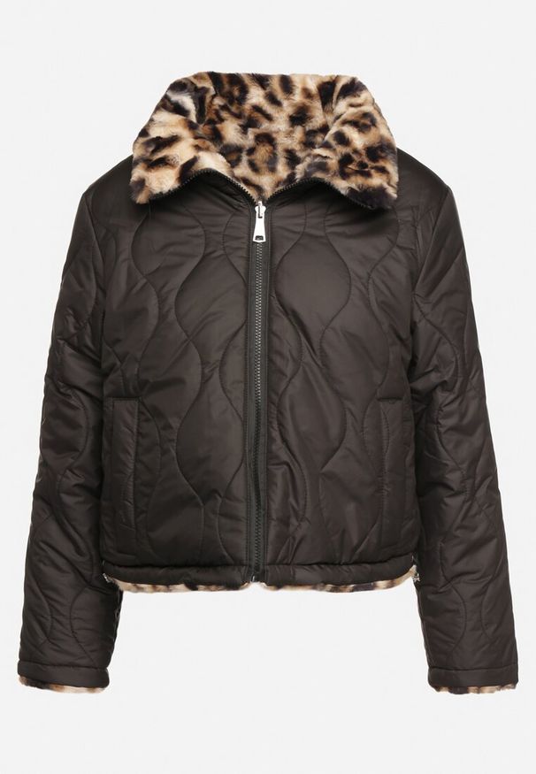 Born2be - Czarna Dwustronna Kurtka Puffer z Pikowaniem i Futerkiem w Panterkę Selinnia. Okazja: na co dzień. Kolor: czarny. Materiał: futro. Wzór: motyw zwierzęcy. Styl: sportowy, elegancki, casual