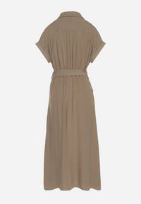 Born2be - Ciemnozielona Sukienka Koszulowa z Wiskozy i Lnu Wiązana w Talii z Kieszeniami Efrasira. Okazja: na co dzień. Kolor: zielony. Materiał: len, wiskoza. Typ sukienki: koszulowe. Styl: casual, elegancki #2