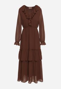 Born2be - Brązowa Siateczkowa Sukienka VICES o Rozkloszowanym Kroju z Falbanami Arevite. Typ kołnierza: dekolt w kształcie V. Kolor: brązowy. Typ sukienki: rozkloszowane. Styl: klasyczny #6