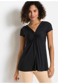bonprix - T-shirt z mieszanki wiskozy. Typ kołnierza: dekolt w serek. Kolor: czarny. Materiał: wiskoza. Wzór: gładki, nadruk, aplikacja #1