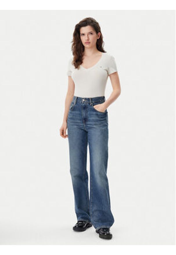 Tommy Jeans T-Shirt DW0DW20458 Beżowy Slim Fit. Kolor: beżowy. Materiał: bawełna