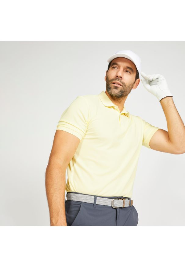 INESIS - Koszulka polo do golfa z krótkim rękawem męska Inesis WW500. Typ kołnierza: golf, polo. Kolor: żółty. Materiał: poliester, materiał. Długość rękawa: krótki rękaw. Długość: krótkie. Wzór: ze splotem